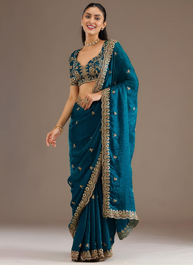 Dove Blue Tissue Zari Embroidered Sequins With Stone Work Saree Wedding Wear