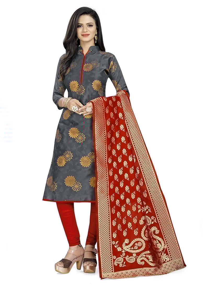 Dove Grey Cotton Silk Blend Zari Work Churidar Suit Festive Wear