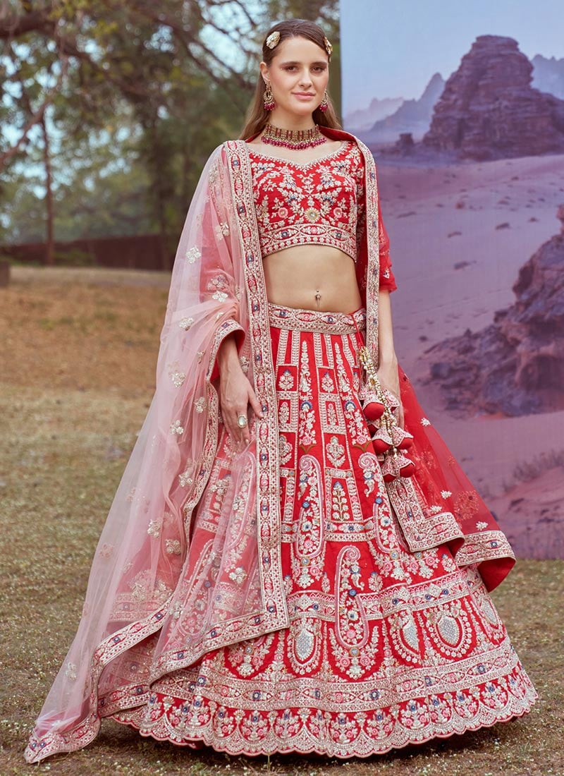 Drape In Grace with A Red Silk Zarkan Embroidered Moti Sequins Lehenga Wedding Wear