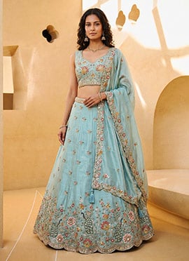 Dreamy Aqua Blue Organza Embroidered Umbrella Lehenga