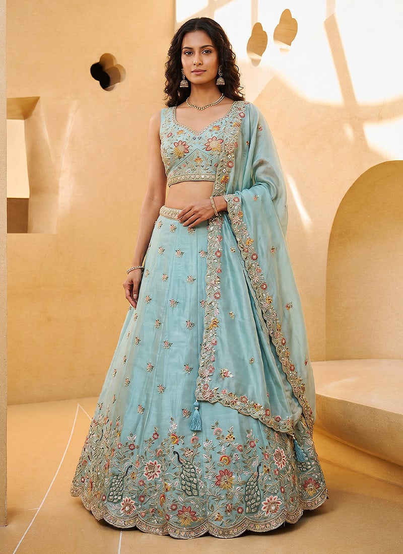 Dreamy Aqua Blue Organza Embroidered Umbrella Lehenga Wedding Wear