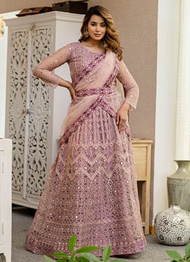 Dreamy Dusty Net Heavy Thread Embroidery Work Umbrella Lehenga