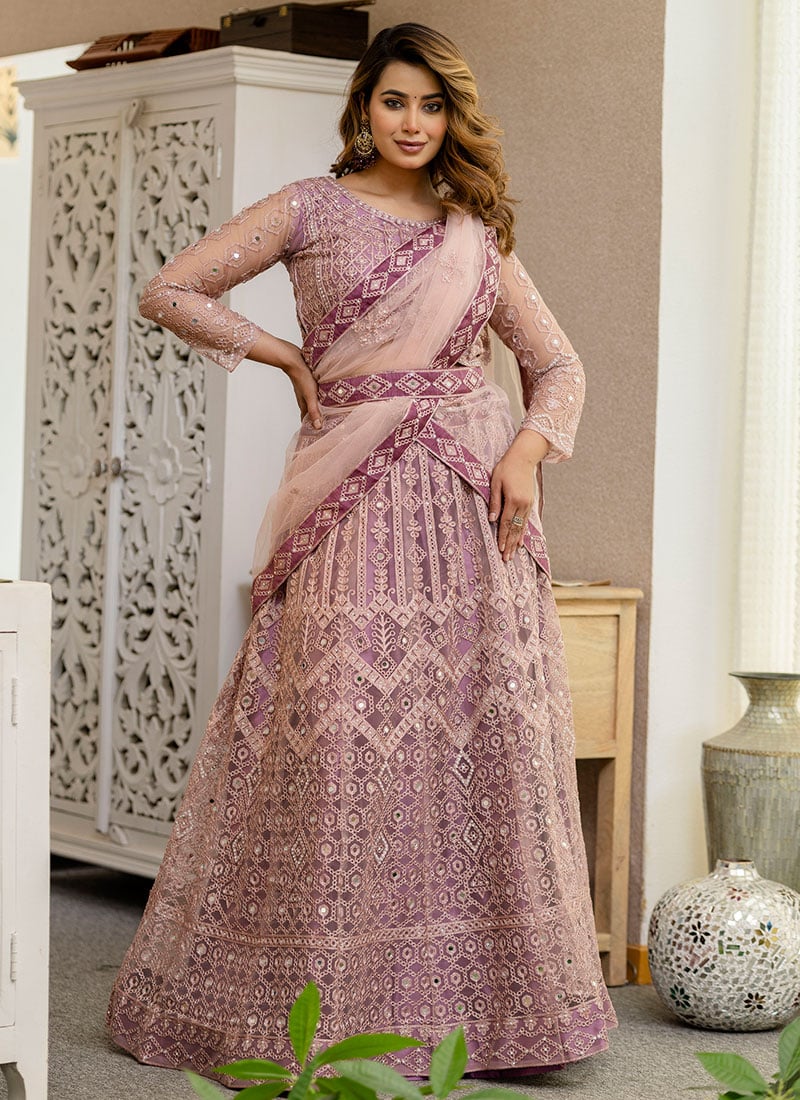 Dreamy Dusty Net Heavy Thread Embroidery Work Umbrella Lehenga After Six Wear