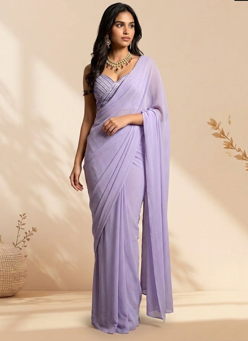 Dreamy Lavender Faux Georgette Sequins Hand Embroidered Saree Wedding Wear