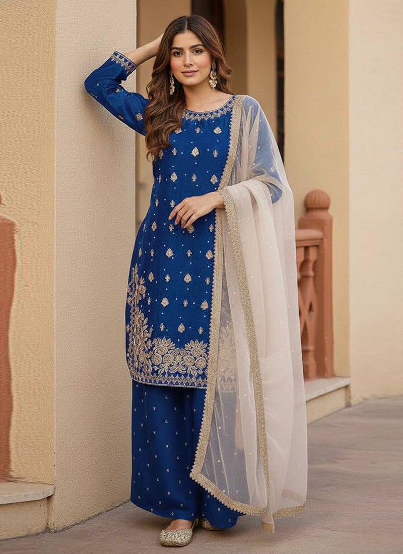 Dreamy Light Blue Art Silk Embroidered Sequins Palazzo Suit After Six Wear