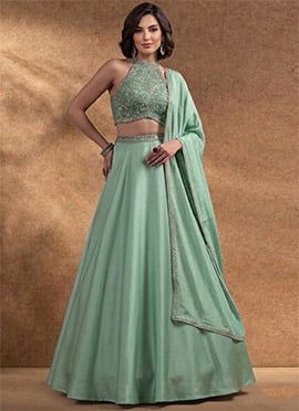 Dreamy Mint Green Chinon Beads Stones Hand Embroidered Umbrella Lehenga