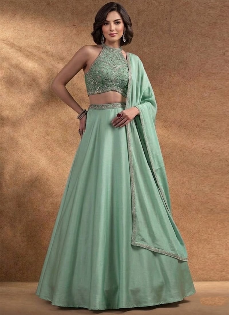 Dreamy Mint Green Chinon Beads Stones Hand Embroidered Umbrella Lehenga Wedding Wear