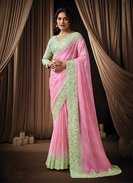 Dreamy Pink Ombre Soft Georgette Sequins Beads Hand Embroidered Stones Saree