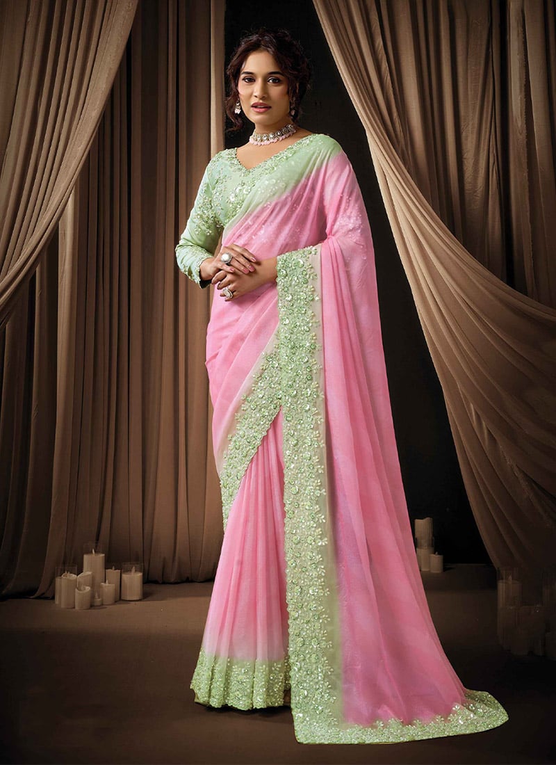 Dreamy Pink Ombre Soft Georgette Sequins Beads Hand Embroidered Stones Saree Wedding Wear