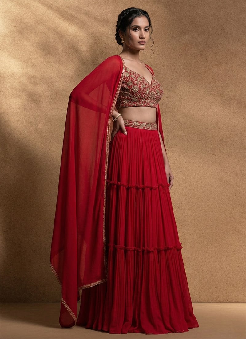 Dreamy Red Faux Georgette Sequins Hand Embroidered A Line Lehenga Wedding Wear