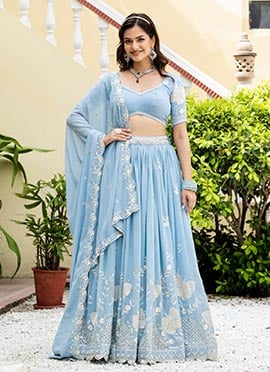 Dreamy Sky Blue Faux Georgette Sequins Embroidered Umbrella Lehenga