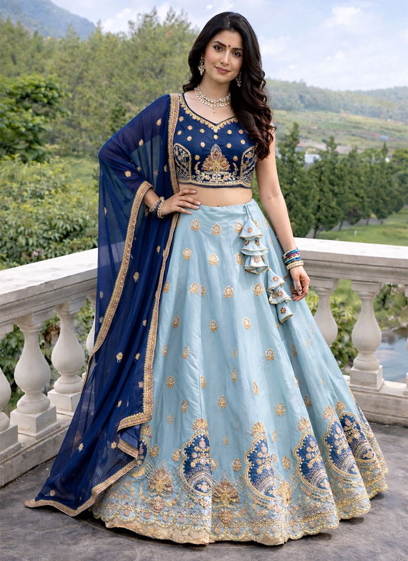 Dreamy Sky Blue Georgette Sequins Embroidered Umbrella Lehenga Wedding Wear