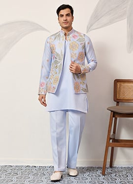 Dreamy Sky Blue Satin Silk Embroidered Sequins Thread Bandi Set