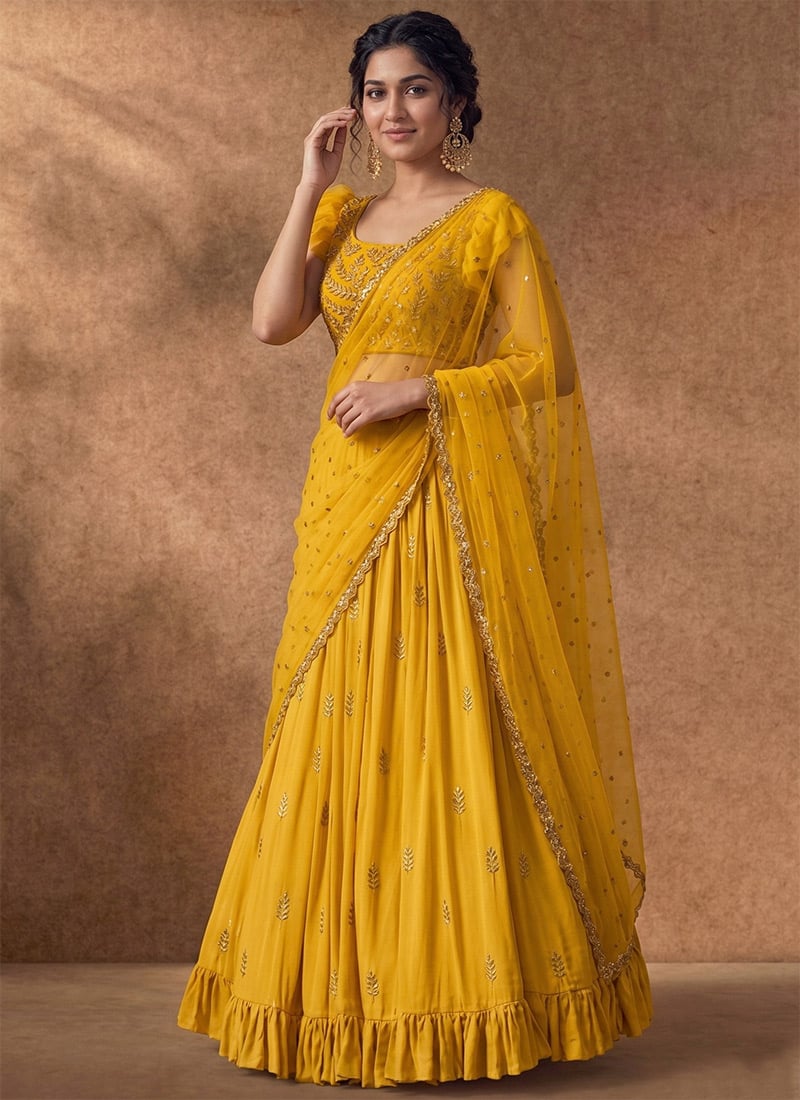 Dreamy Yellow Faux Georgette Beads Zari Hand Embroidered A Line Lehenga Wedding Wear