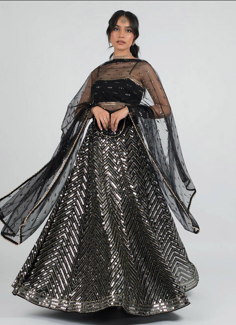 Bridesmaid Umbrella Lehenga In Black Faux Georgette Sequins