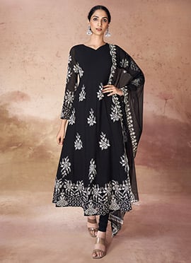 Dressy Chic Black Georgette Embroidered Anarkali With Churidar Pants