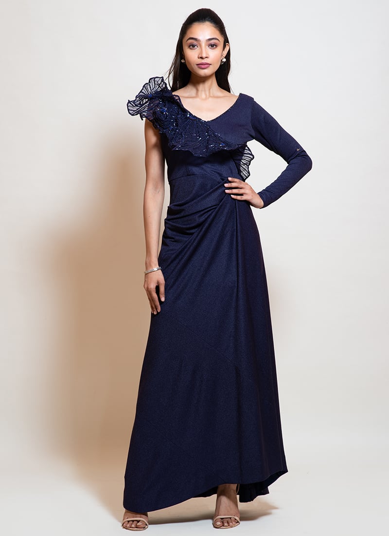 Dressy Gown For Women In Blue Lycra Embroidered Sequins And Beads Party Wear-BGWRSKALSA7282