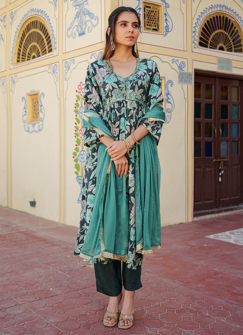 Dressy Teal Pure Modal Muslin Floral Print Straight Pant Suit