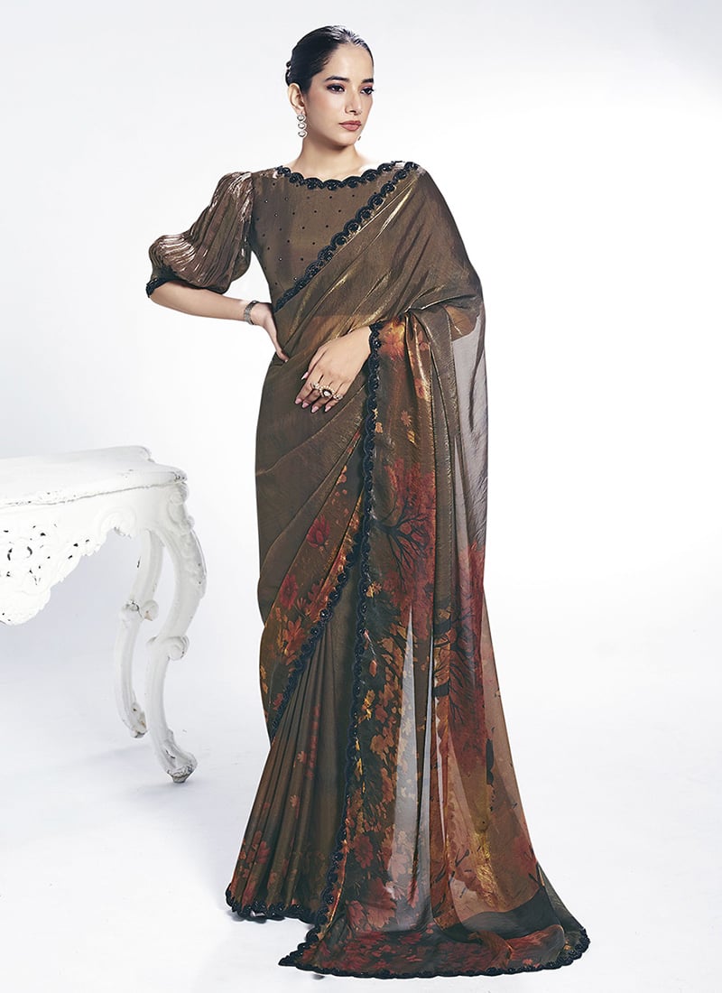 Dull Brown Satin Silk Beads Embroidery Work Saree Festive Wear