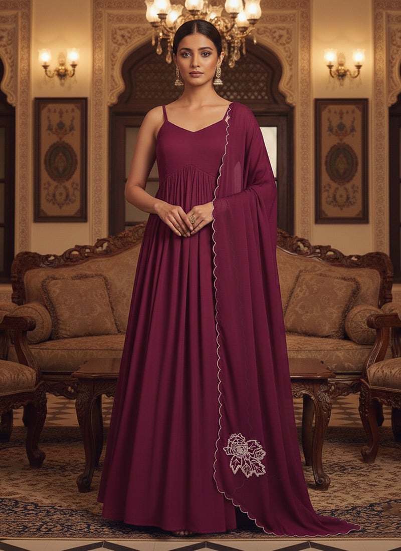 Dull Magenta Georgette Zari And Sequins Hand Embroidered Anarkali Suit