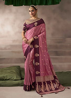 Dull Pink Satin Silk Zari Embroidered Sequins Saree