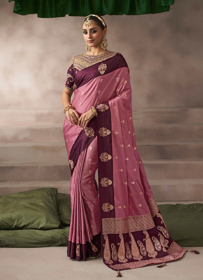 Dull Pink Satin Silk Zari Embroidered Sequins Saree Festive Wear