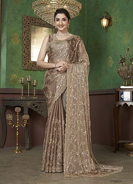 Dusty Beige Organza Hand Embroidered Sequins Beads Work Saree