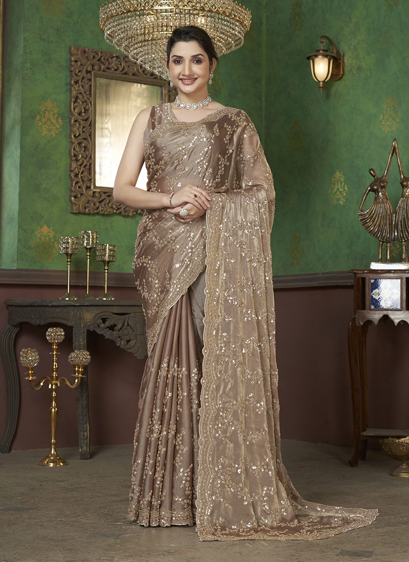 Dusty Beige Organza Hand Embroidered Sequins Beads Work Saree Wedding Wear
