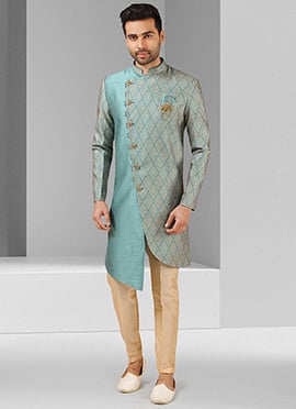 Dusty Blue Art Silk Printed Indowestern Sherwani