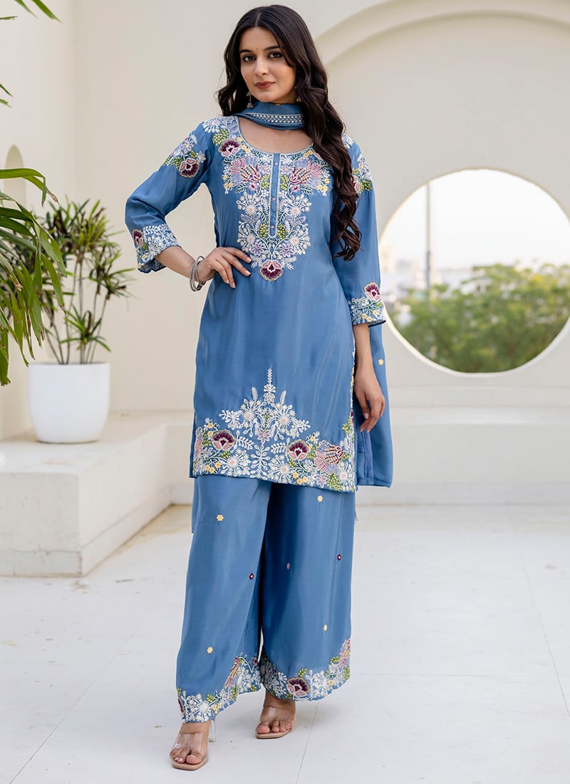 Dusty Blue Chinon Zardosi Hand Embroidered Palazzo Suit After Six Wear
