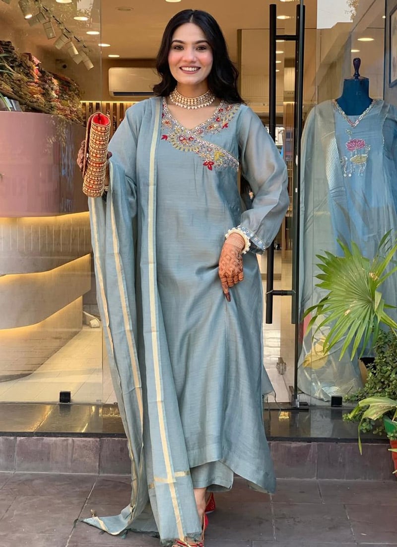 Dusty Blue Cotton Embroidered Sequins Straight Pant Suit After Six Wear