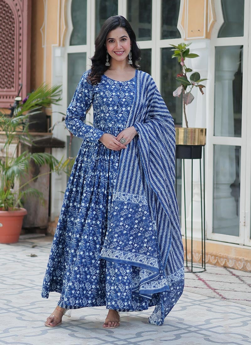Dusty Blue Cotton Printed Anarkali Suit