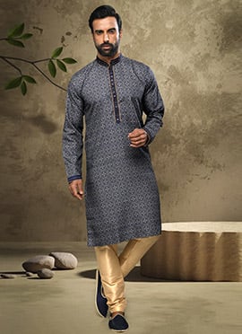 Dusty Blue Handloom Cotton Printed Kurta Pyjama