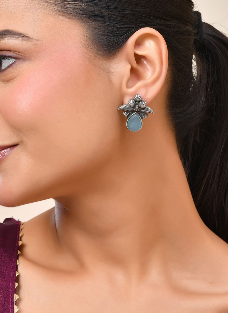 Dusty Blue Kundan Floral Stud After Six Wear