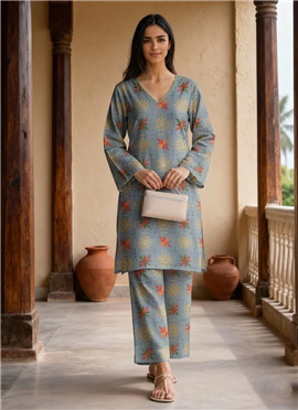 Dusty Blue Muslin Printed Kurta Set