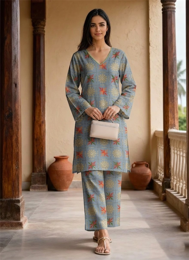 Dusty Blue Muslin Printed Kurta Set After Six Wear