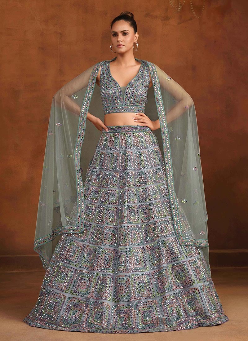 Dusty Blue Net Embroidery Stone And Hand Embroidered Umbrella Lehenga Wedding Wear