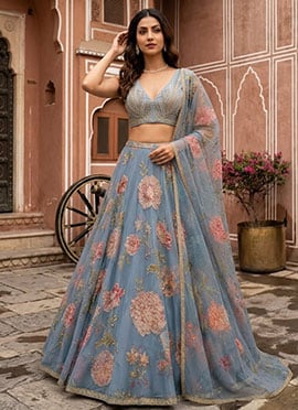 Dusty Blue Organza Digital Print Hand Embroidered Sequins Lehenga