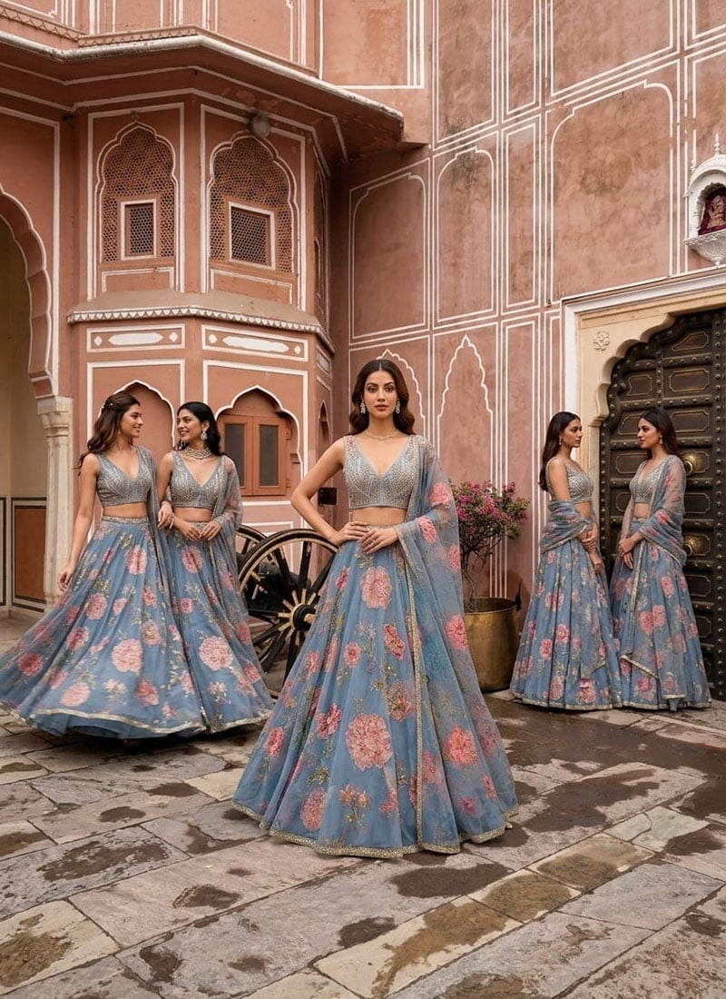 Dusty Blue Organza Digital Print Hand Embroidered Sequins Lehenga Wedding Wear