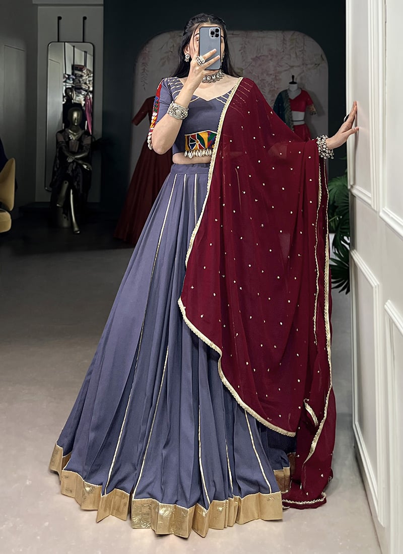 Dusty Blue Rayon Lehenga With Kutch Work Sequins And Gota Work Festive Wear