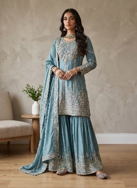 Dusty Blue Sequins Embroidered Chinon Palazzo Suit