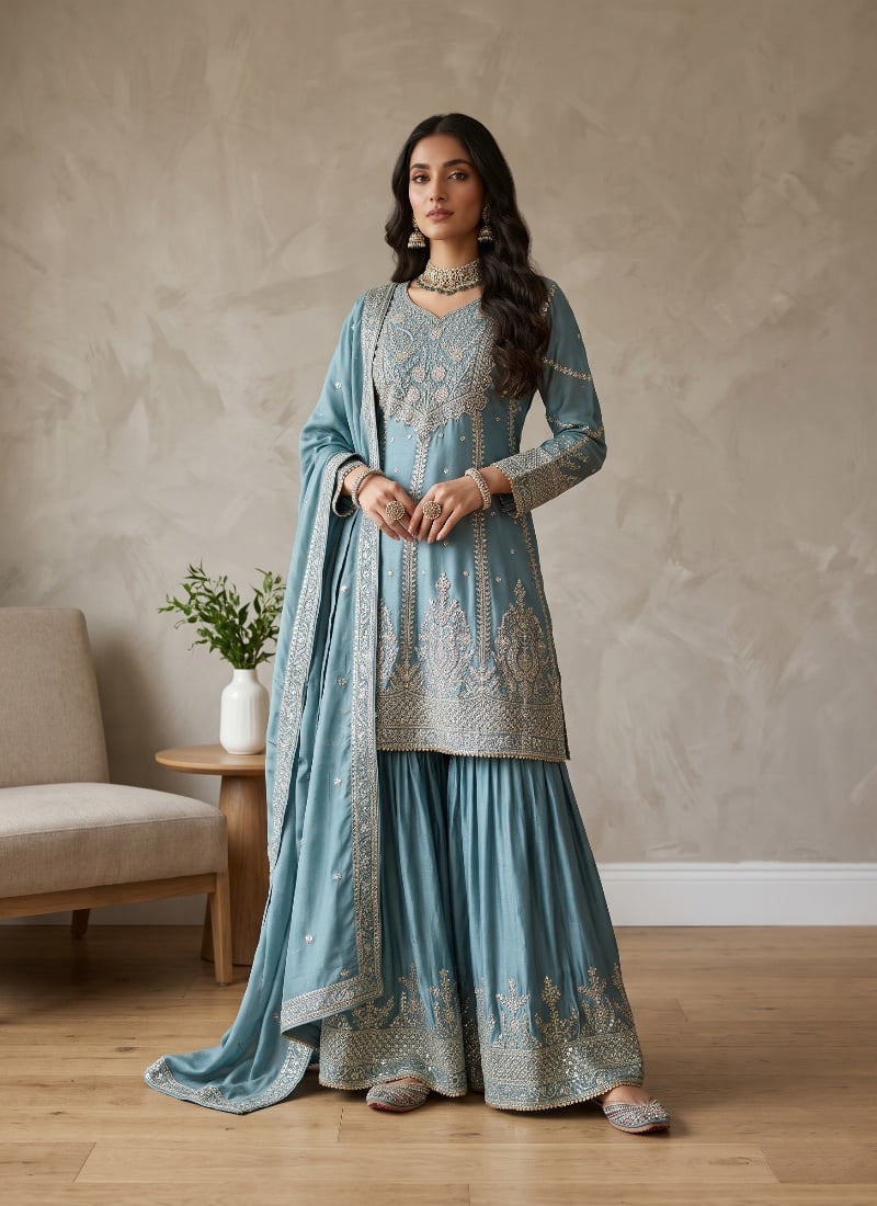 Dusty Blue Sequins Embroidered Chinon Palazzo Suit After Six Wear