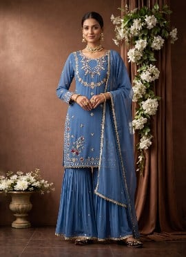 Dusty Blue Sequins Embroidered Georgette Sharara Suit