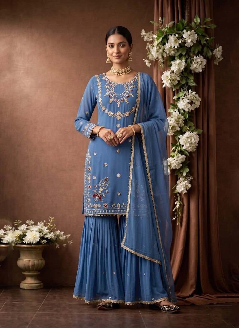 Dusty Blue Sequins Embroidered Georgette Sharara Suit After Six Wear