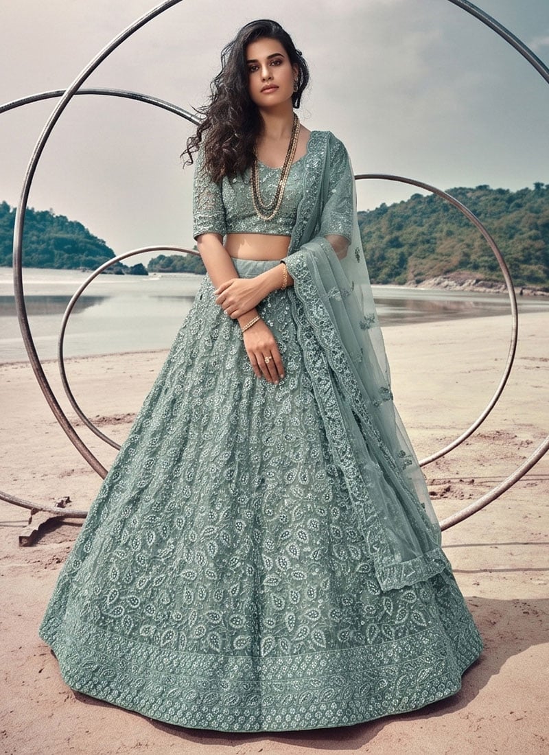 Dusty Blue Sequins Embroidered Net Lehenga Wedding Wear