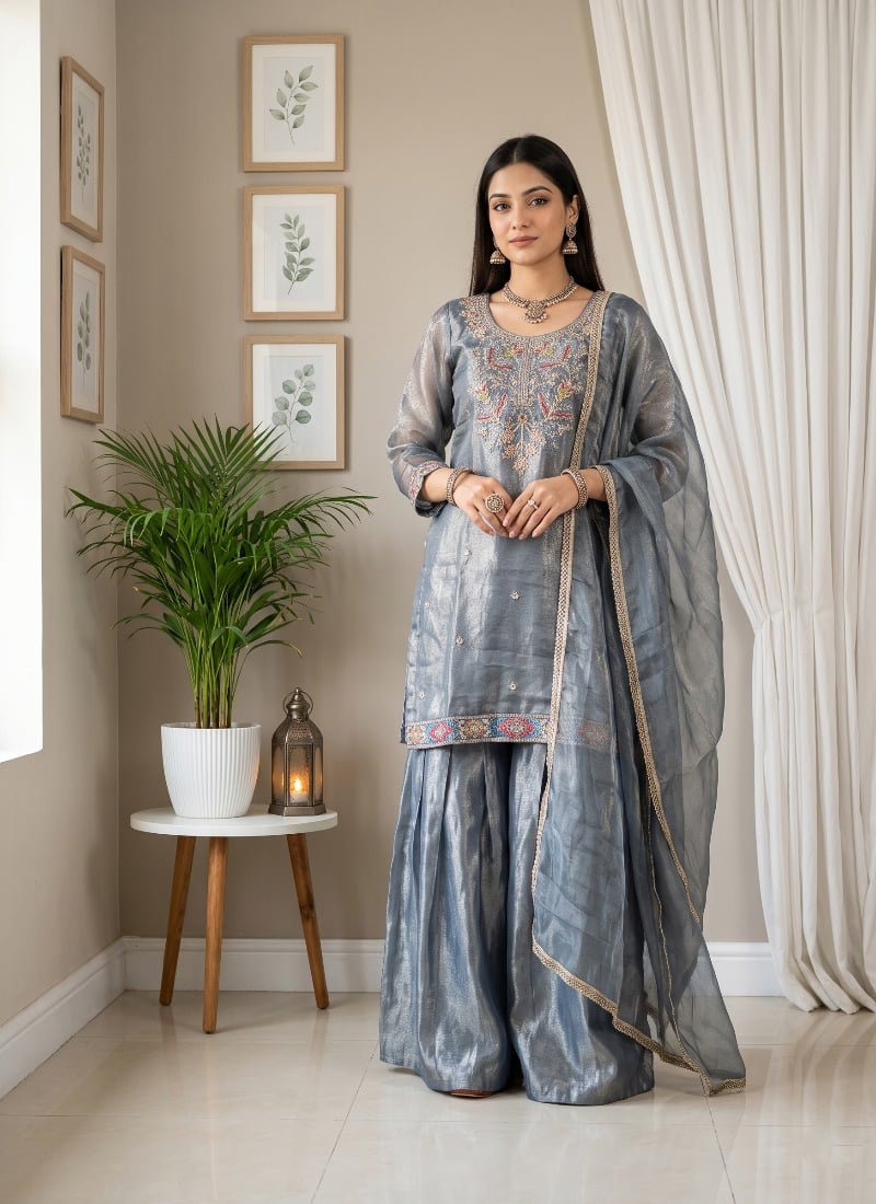 Dusty Blue Sequins Embroidered Silk Palazzo Suit After Six Wear