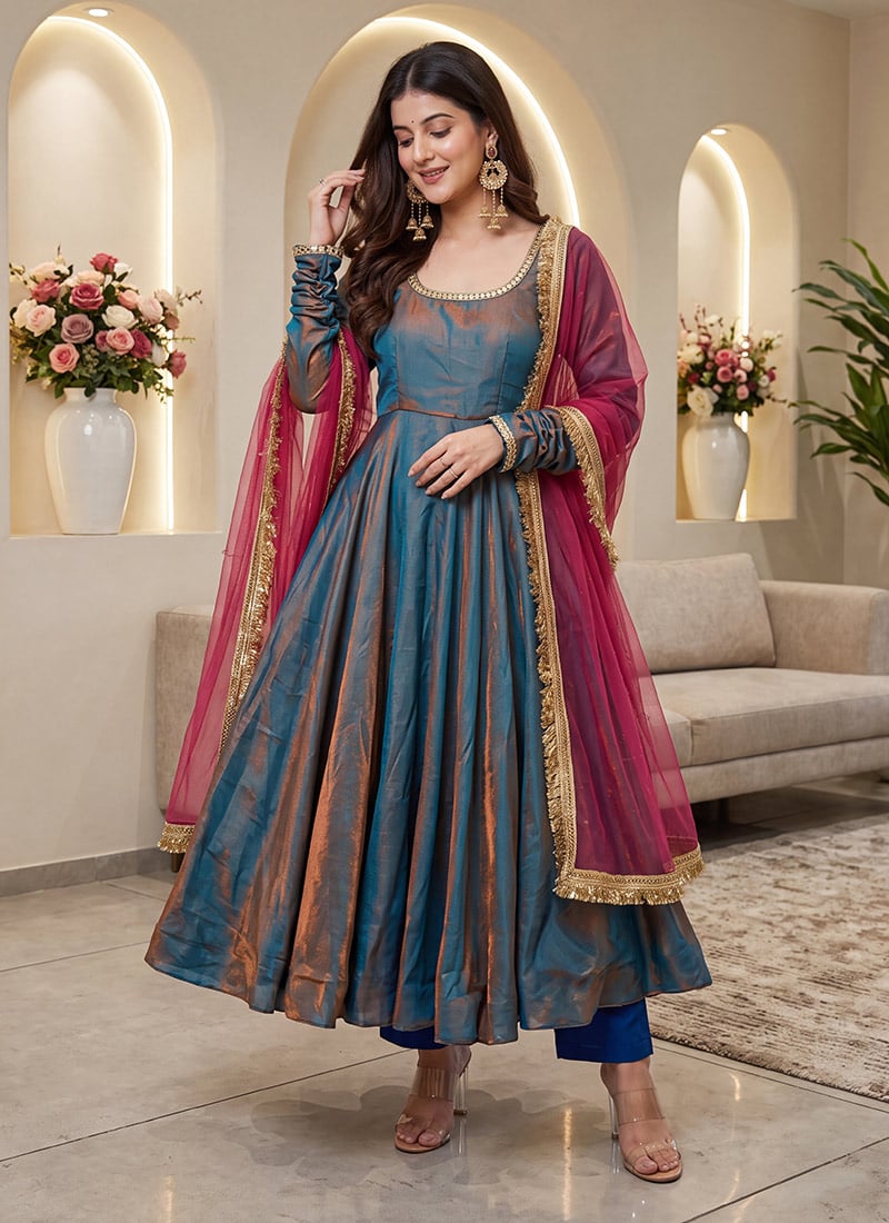 Dusty Blue Silk Anarkali Suit After Six Wear