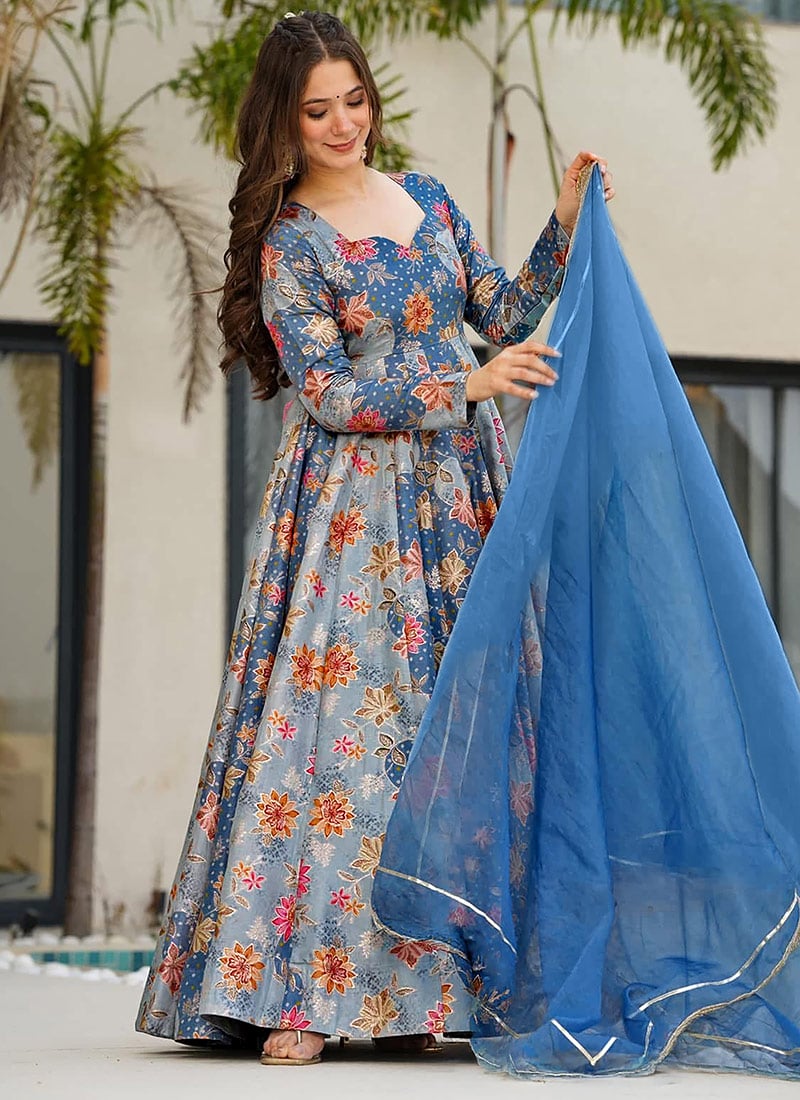 Dusty Blue Silk Floral Digital Print Anarkali Suit Festive Wear