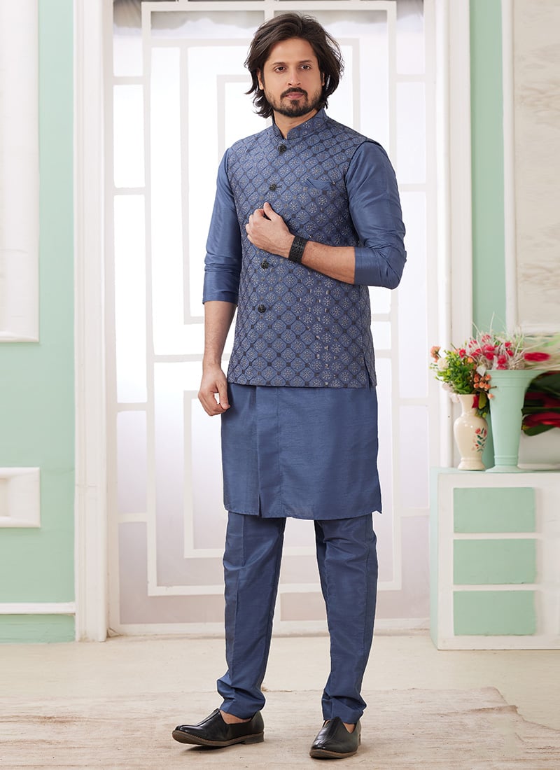 Dusty Blue Silk Sequins Bandi Set Festive Wear