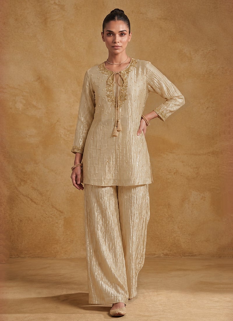 Dusty Blush Pink Salsa Tissue Zari Pearl Hand Embroidered Kurta Palazzo Set Festive Wear
